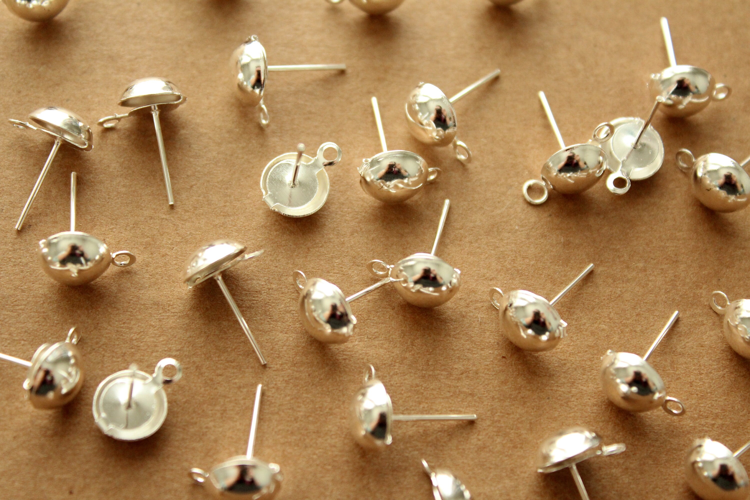 100 Pc. Bright Silver Plated Half-round Earring Posts With Loop | FI ...