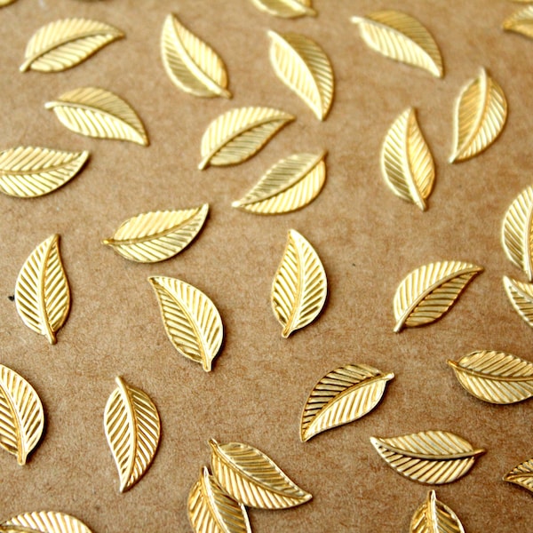 14 pc. Tiny Raw Brass Veined Leaves - Left: 11mm by 5mm - made in USA Autumn Fall Leaf Veined Flat Simple Curved Foliage Woodland | RB-1194