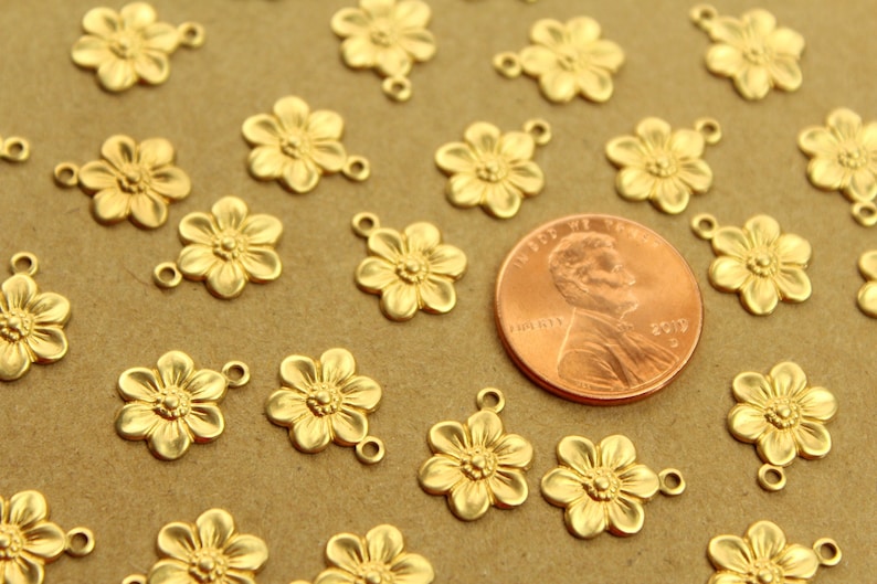 20 pc. Small Raw Brass Flower Charms: 12.5mm by 10mm made in USA flower daisy daisies floral sunflowers garden plant bouquet RB-1369 image 4