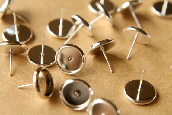30 pc. 10mm Ear Post Blank Cabochon Setting Bright Silver, Nickel Free | FI-123