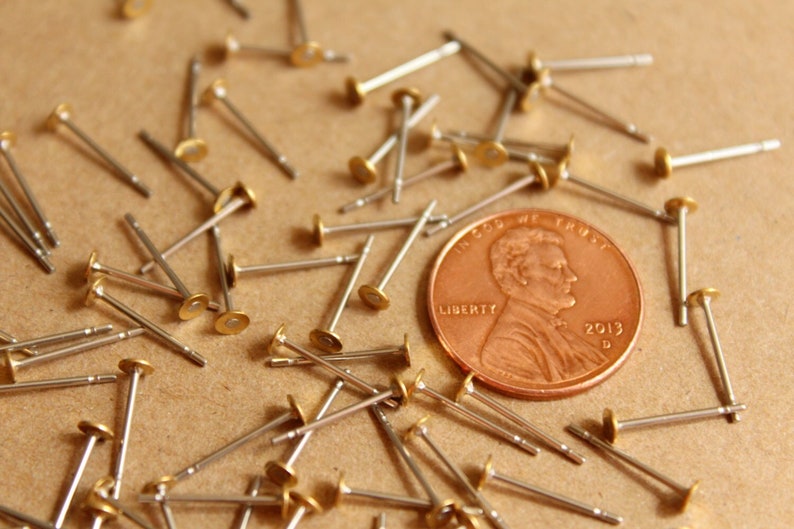 100 pc. Stainless steel earring posts with raw brass pads, 3mm pad Also available in 500 piece FI-262 image 3