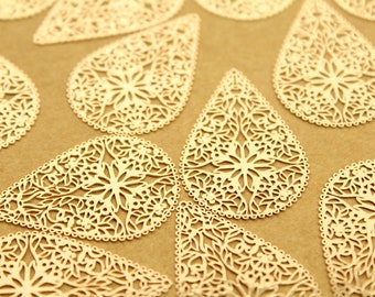 6 pc. Laser Cut Gold Teardrop Shaped Filigree Drops, 40mm by 26.5mm | MIS-010*