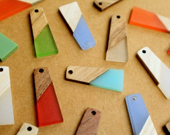 2 pc. Resin and Wood Trapezoid Pendants, 30mm by 12mm, Multiple Colors Available | MIS-300