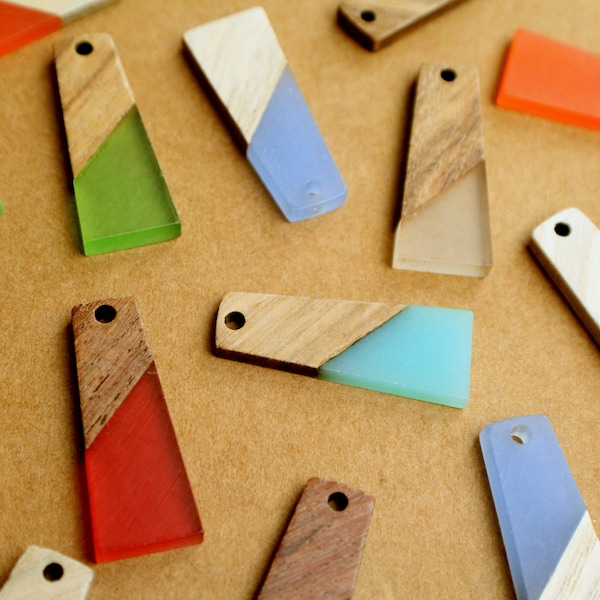 2 pc. Resin and Wood Trapezoid Pendants, 30mm by 12mm, Multiple Colors Available | MIS-300