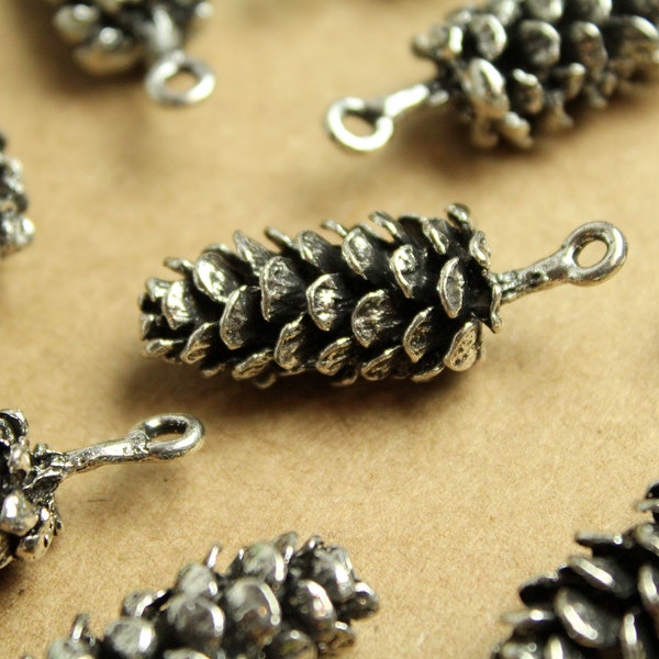 3 pc. Jumbo Antique Silver Pine Cone Charms, 39mm by 15mm, Large Pinecone Realistic Tree Seed Evergreen Woodland Heavy Antiqued | MIS-223