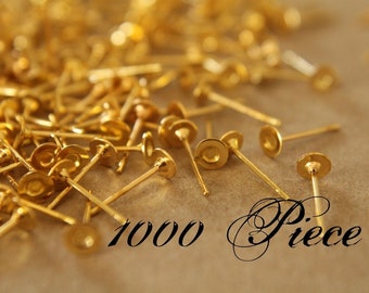 1000 pc. Gold plated earring posts, 4mm pad | FI-006-10