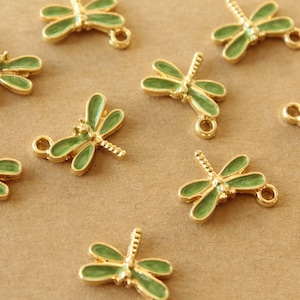 10 pc. Olive Shimmer and Gold Enameled Dragonfly Charms, 14.5mm x 15.5mm | MIS-382