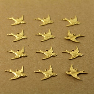 12 pc. Raw Brass 1 Loop Bird Charm Facing Right made in USA Sparrow Swallow Songbird Flying West Spring Summer Birds Flight RB-036-2 image 2