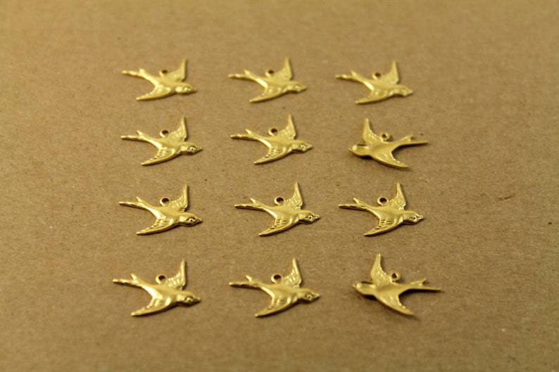 12 pc. Raw Brass 1 Loop Bird Charm Facing Right made in USA Sparrow Swallow Songbird Flying West Spring Summer Birds Flight RB-036-2 image 2