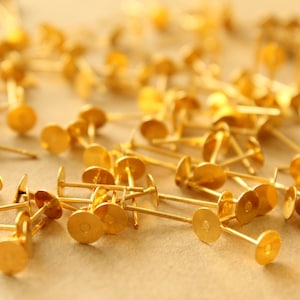 100 pc. Gold Plated Stainless Steel Earring Posts with Raw Brass Pads, 5mm pad FI-665 image 1