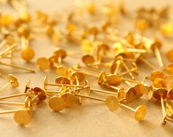 100 pc. Gold Plated Stainless Steel Earring Posts with Raw Brass Pads, 5mm pad | FI-665