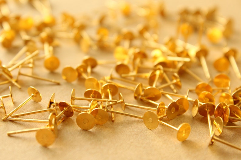 100 pc. Gold Plated Stainless Steel Earring Posts with Raw Brass Pads, 5mm pad FI-665 image 1