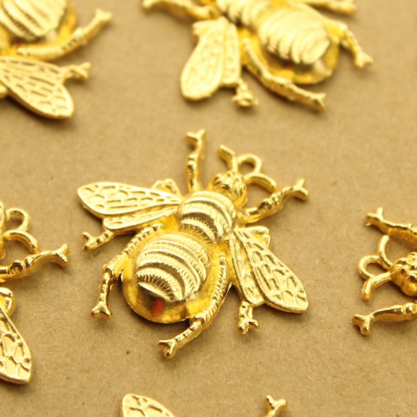 4 pc. Large Gold Queen Bee Charms: 40mm by 38mm Queen Bee Pendants Heavy Thick Honeybee Bumblebee Charm | MIS-352