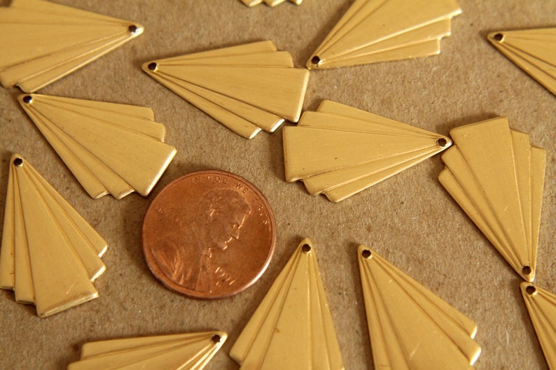 6 pc. Raw Brass Art Deco Fanned Geometric Charm: 24mm by 16mm made in USA RB-115 image 4