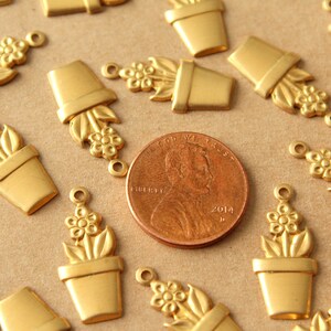 14 pc. Raw Brass Potted Flower Charms: 21mm by 10mm made in USA flower houseplant floral sunflowers garden plant bouquet RB-1407 image 4