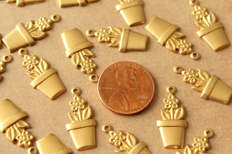 14 pc. Raw Brass Potted Flower Charms: 21mm by 10mm made in USA flower houseplant floral sunflowers garden plant bouquet RB-1407 image 4