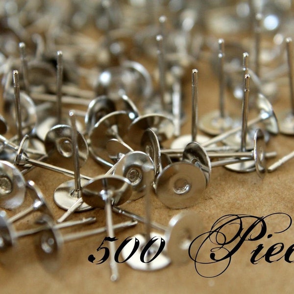 500 pc. Silver plated earring posts, 6mm pad, Nickel-free | FI-011-5