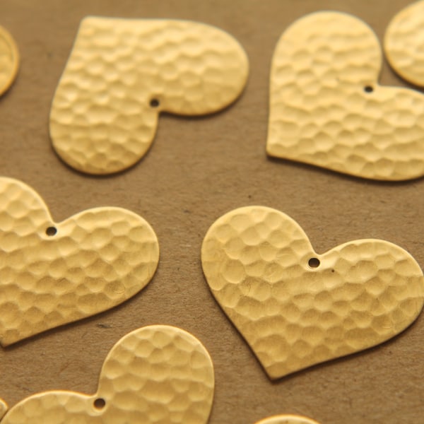 6 pc. Raw Brass Hammered Heart Charms: 25mm by 20mm - made in USA | RB-217
