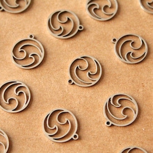 May include: A collection of silver metal charms featuring a wave design. The charms are circular and have a hole at the top for attaching to a necklace or bracelet.