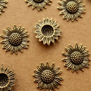 6 pc. Antique Brass Plated Sunflowers: 17mm by 16mm made in USA AB-138 image 2