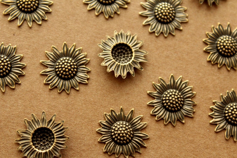 6 pc. Antique Brass Plated Sunflowers: 17mm by 16mm made in USA AB-138 image 2