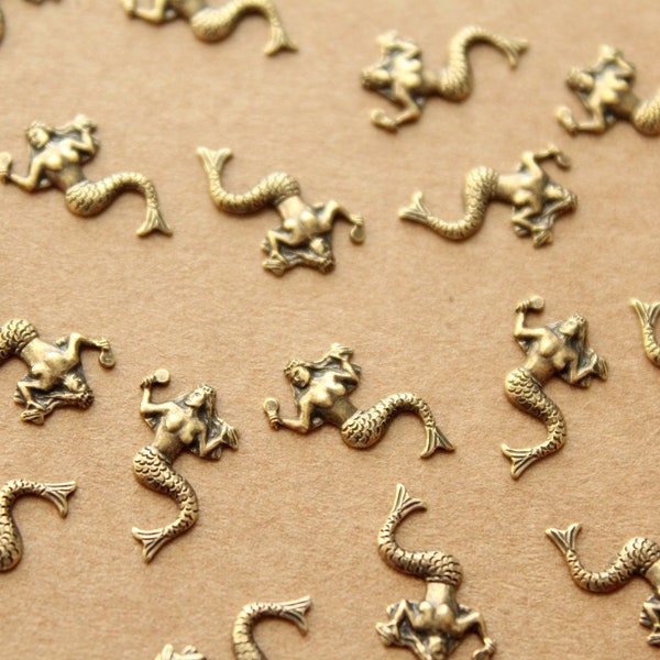 12 pc. Tiny Antique Brass Plated Mermaids: 13mm by 8mm - made in USA | AB-109