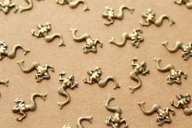 12 pc. Tiny Antique Brass Plated Mermaids: 13mm by 8mm made in USA AB-109 image 1