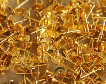 100 pc. Gold Plated Earring Posts, 6mm pad, Nickel Free, Lead Free, Cadmium Free * Also available in 500 and 1000 piece * | FI-010