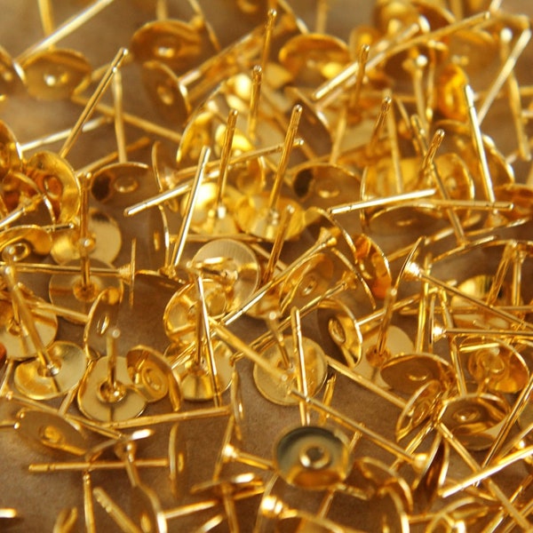 100 pc. Gold Plated Earring Posts, 6mm pad, Nickel Free, Lead Free, Cadmium Free * Also available in 500 and 1000 piece * | FI-010