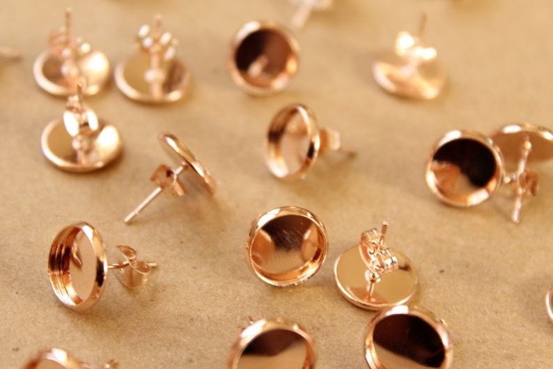 20 pc. 10mm Ear Post Blank Cabochon Setting Rose Gold, Nickel Free FI-300 image 1