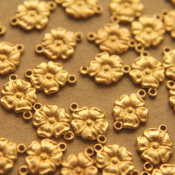 3 pc. Raw Brass Two Hole Connector, Flax Flower: 11mm by 8mm - made in USA | RB-069