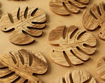 8 pc. Wood Monstera Leaf Pendants, 49mm by 45mm | MIS-434