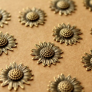 6 pc. Antique Brass Plated Sunflowers: 17mm by 16mm made in USA AB-138 image 3