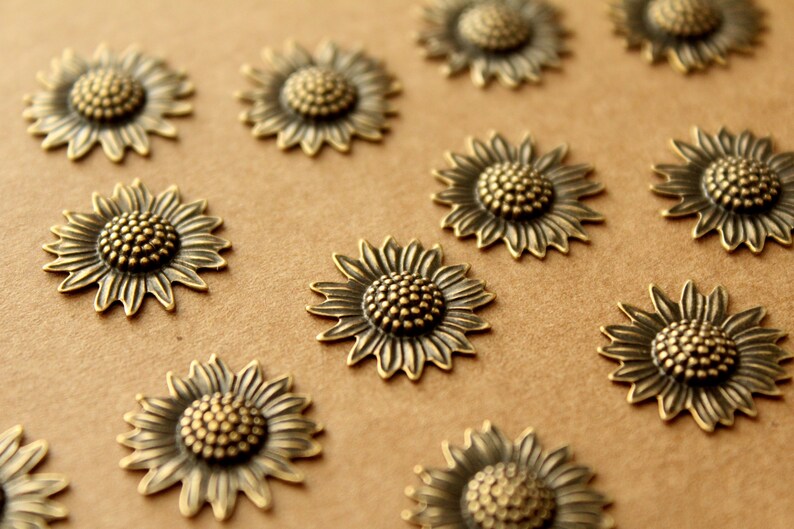 6 pc. Antique Brass Plated Sunflowers: 17mm by 16mm made in USA AB-138 image 3