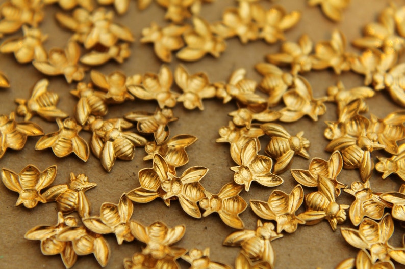 12 pc. Tiny Raw Brass Bees: 7mm by 6mm made in USA Also available in 60 and 120 piece RB-025 image 2