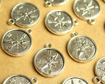 15 pc. Double Sided Compass Charms Pendants Antique Silver | MIS-270