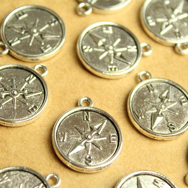15 pc. Double Sided Compass Charms Pendants Antique Silver | MIS-270