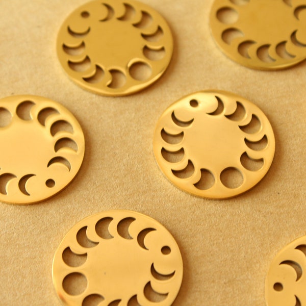 5 pc. Gold Plated Stainless Steel Moon Phase Circle Charms: 23mm diameter | MIS-479