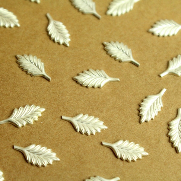 18 pc. Tiny Silver Plated Brass Feathered Leaves: 13mm by 5mm - made in USA | SI-347