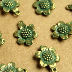 10 pc. Verdigris Flower Charms, 14mm by 18.5mm by 5mm | MIS-242