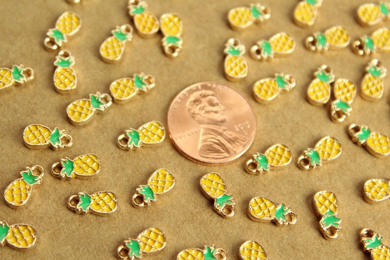 Tiny Pineapple Charms and Gold Enameled MIS-137* Brown 10mm x 5mm Yellow 12 pc Green