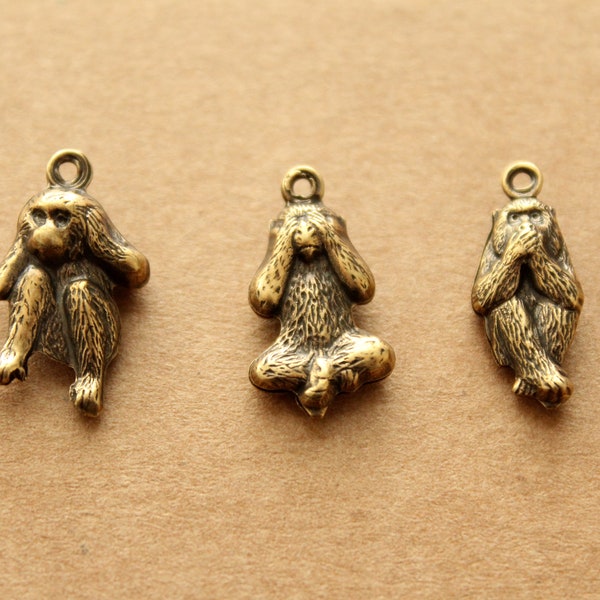3 pc. Antique Brass Plated Three Wise Monkey Charms - Speak no evil, hear no evil, see no evil - made in USA | AB-134