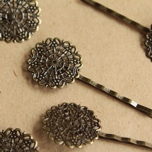 10 pc. Filigree Bobby Pins, Antique Brass, 25mm pad | FI-032