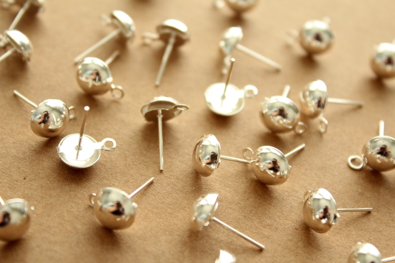 100 pc. Bright Silver Plated Half-Round Earring Posts with Loop FI-502 image 2