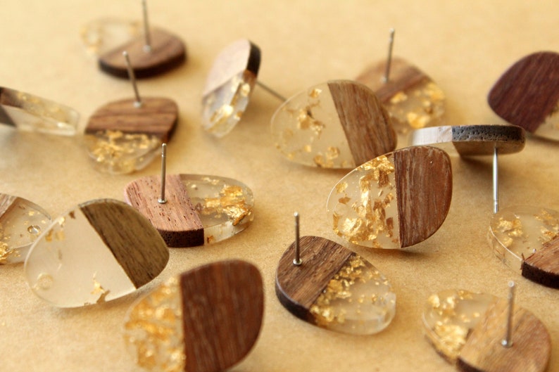 4 pc. Resin and Wood Earring Posts with Gold Foil, 23mm by 10mm FI-676 image 2