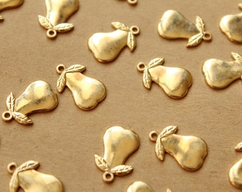 6 pc. Small Raw Brass Pear Charms: 15mm by 9mm - made in USA | RB-960