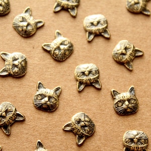 May include: A close-up of a collection of gold-toned metal cat head charms. The charms are arranged on a brown surface and feature a variety of cat faces with different expressions.