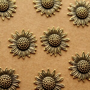 6 pc. Antique Brass Plated Sunflowers: 17mm by 16mm made in USA AB-138 image 1