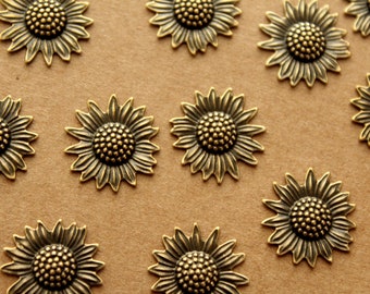 6 pc. Antique Brass Plated Sunflowers: 17mm by 16mm - made in USA | AB-138