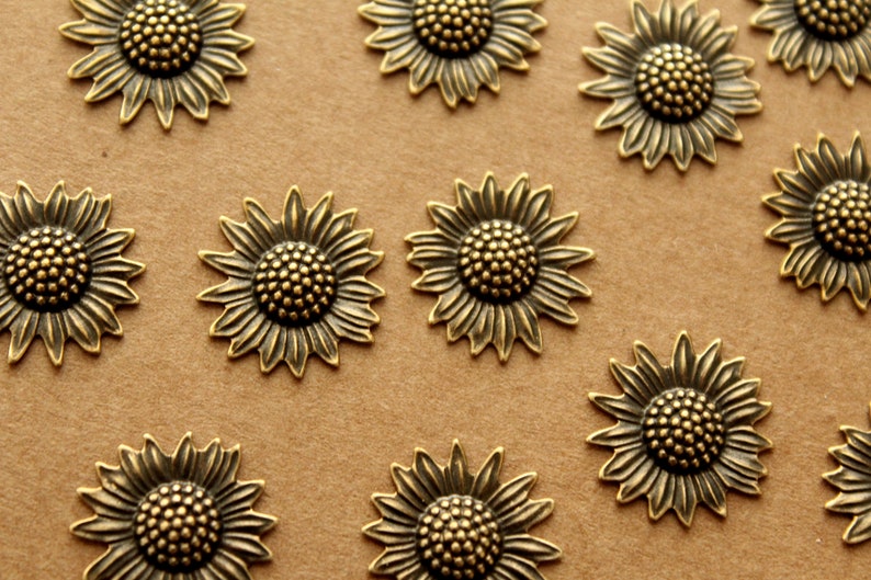 6 pc. Antique Brass Plated Sunflowers: 17mm by 16mm made in USA AB-138 image 1